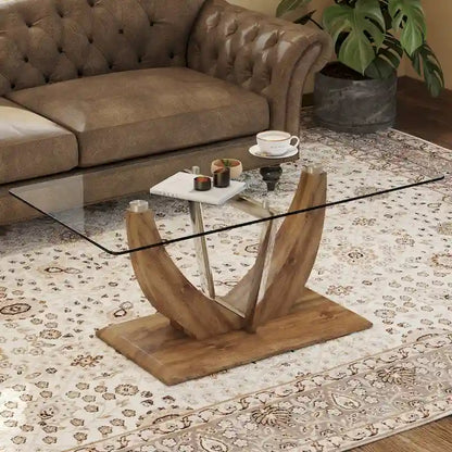 43.3  Modern Rectangular Coffee Table with Stainless Steel Decorative Columns and Thick Base Support