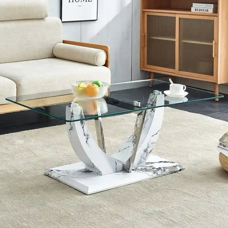 43.3  Modern Rectangular Coffee Table with Stainless Steel Decorative Columns and Thick Base Support