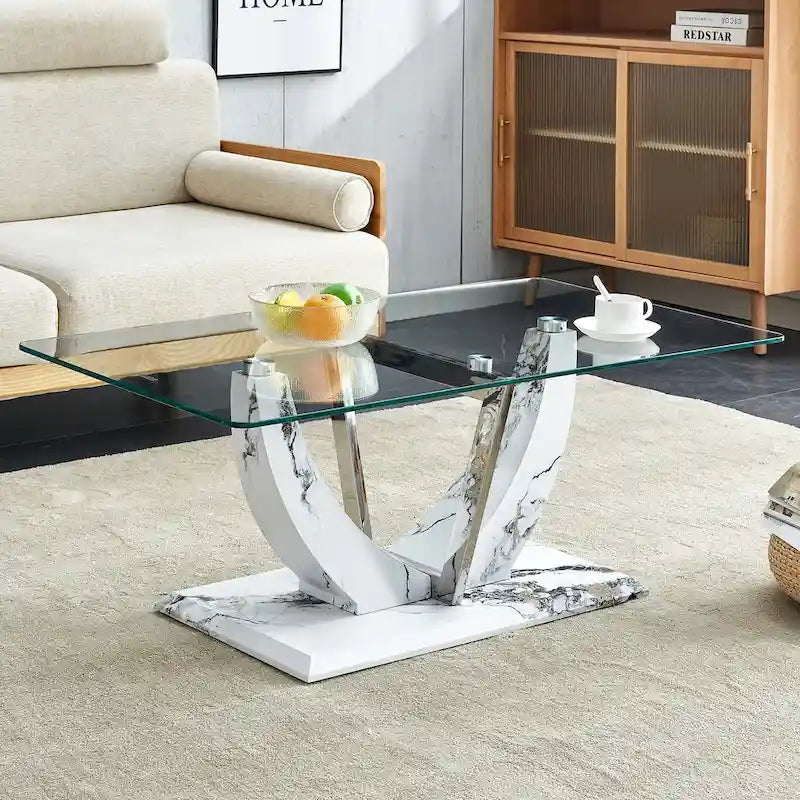 43.3  Modern Rectangular Coffee Table with Stainless Steel Decorative Columns and Thick Base Support