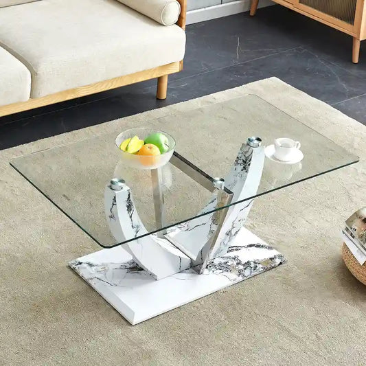 43.3  Modern Rectangular Coffee Table with Stainless Steel Decorative Columns and Thick Base Support