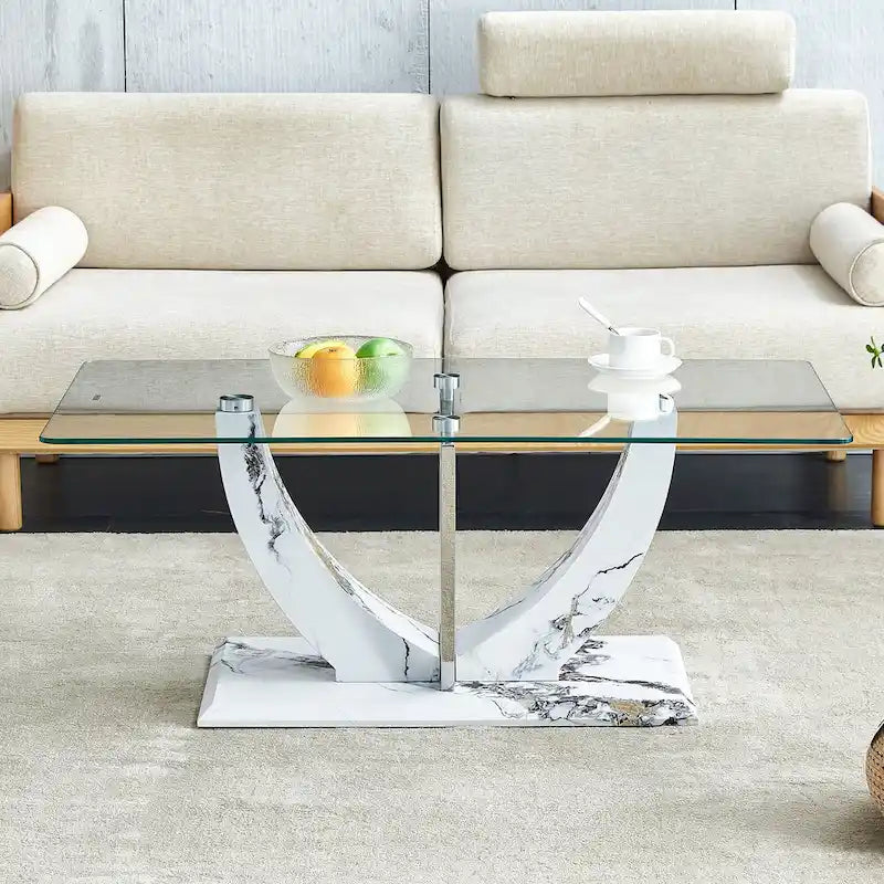 43.3  Modern Rectangular Coffee Table with Stainless Steel Decorative Columns and Thick Base Support