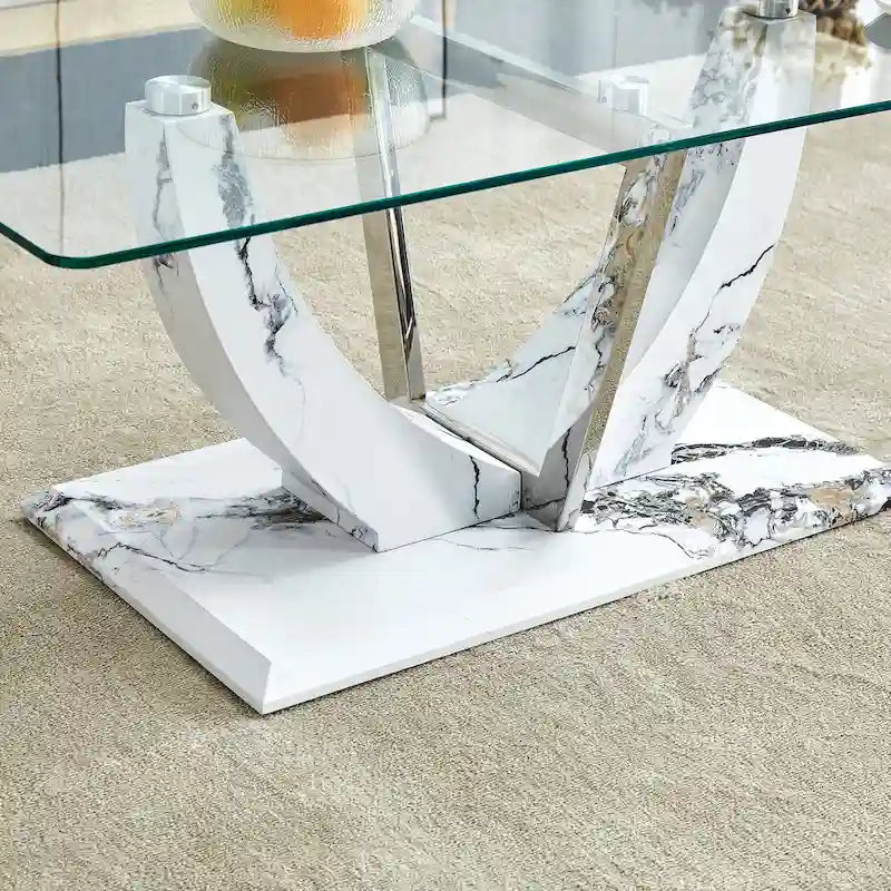 43.3  Modern Rectangular Coffee Table with Stainless Steel Decorative Columns and Thick Base Support