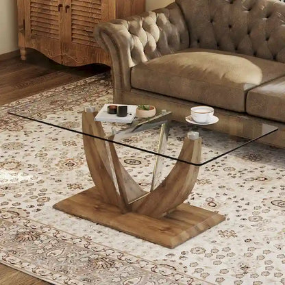 43.3  Modern Rectangular Coffee Table with Stainless Steel Decorative Columns and Thick Base Support