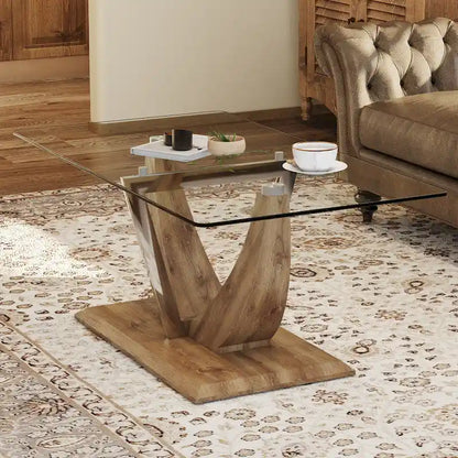 43.3  Modern Rectangular Coffee Table with Stainless Steel Decorative Columns and Thick Base Support