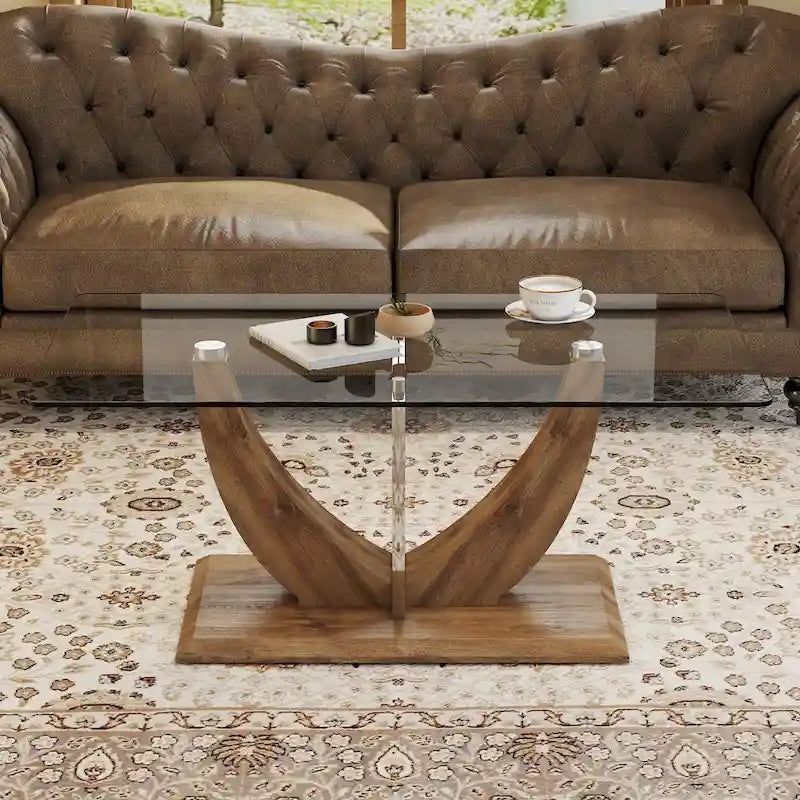 43.3  Modern Rectangular Coffee Table with Stainless Steel Decorative Columns and Thick Base Support
