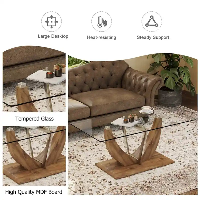 43.3  Modern Rectangular Coffee Table with Stainless Steel Decorative Columns and Thick Base Support