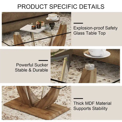 43.3  Modern Rectangular Coffee Table with Stainless Steel Decorative Columns and Thick Base Support