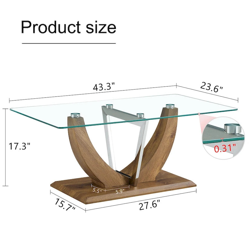 43.3  Modern Rectangular Coffee Table with Stainless Steel Decorative Columns and Thick Base Support