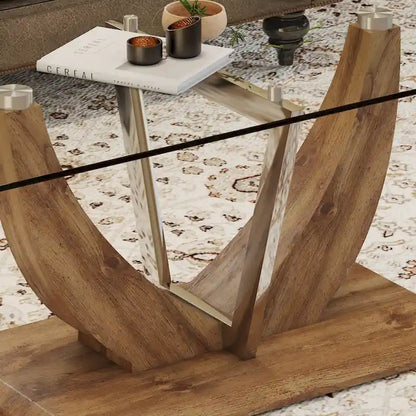 43.3  Modern Rectangular Coffee Table with Stainless Steel Decorative Columns and Thick Base Support