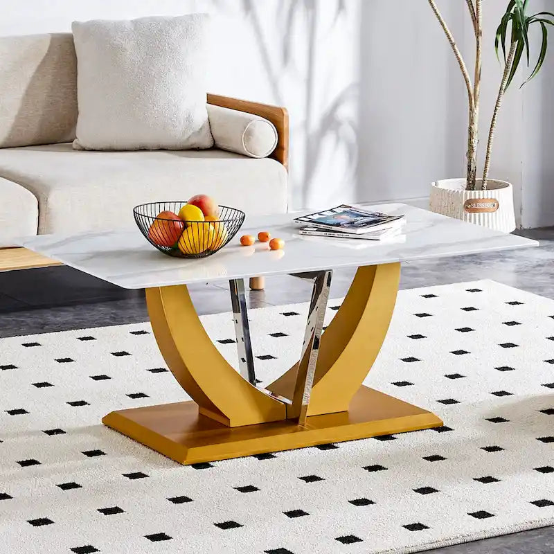 43.3  Modern Rectangular Coffee Table with Stainless Steel Decorative Columns and Thick Base Support