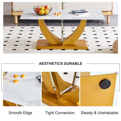 43.3  Modern Rectangular Coffee Table with Stainless Steel Decorative Columns and Thick Base Support