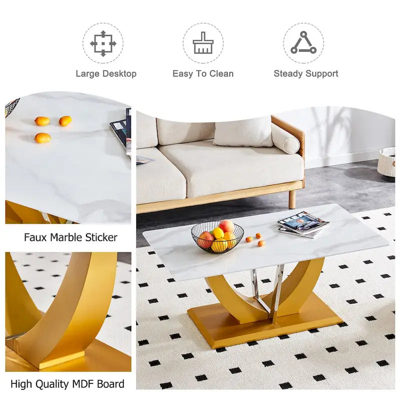 43.3  Modern Rectangular Coffee Table with Stainless Steel Decorative Columns and Thick Base Support