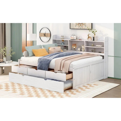 Full Pine Captain Bed with Shelves, Drawers & Trundle