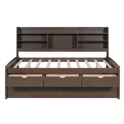 Full Pine Captain Bed with Shelves, Drawers & Trundle