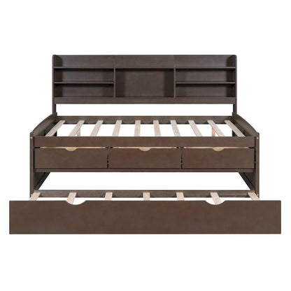 Full Pine Captain Bed with Shelves, Drawers & Trundle