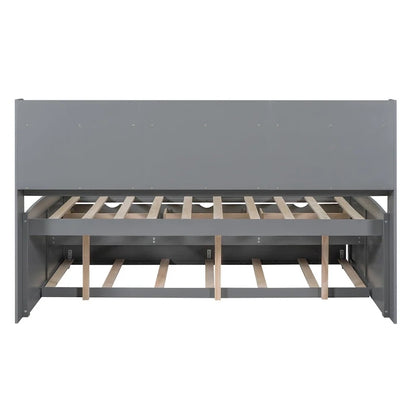 Full Pine Captain Bed with Shelves, Drawers & Trundle