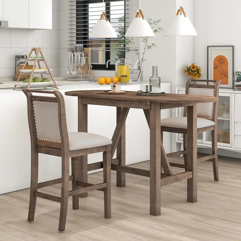 White Drop Leaf Dining Set for 2 with Gray Cushioned Chairs