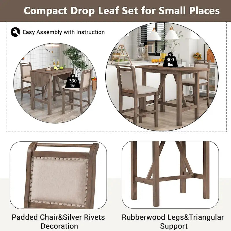 White Drop Leaf Dining Set for 2 with Gray Cushioned Chairs