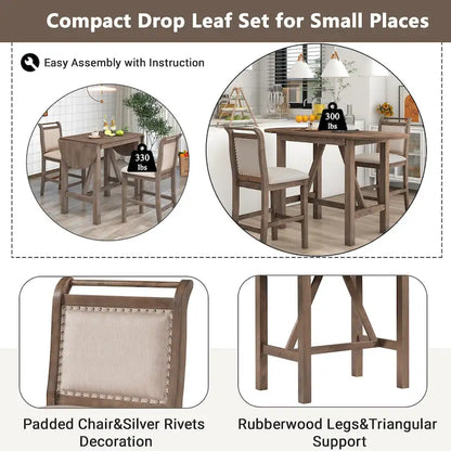 White Drop Leaf Dining Set for 2 with Gray Cushioned Chairs