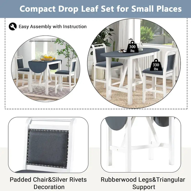 White Drop Leaf Dining Set for 2 with Gray Cushioned Chairs