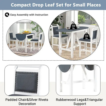 White Drop Leaf Dining Set for 2 with Gray Cushioned Chairs