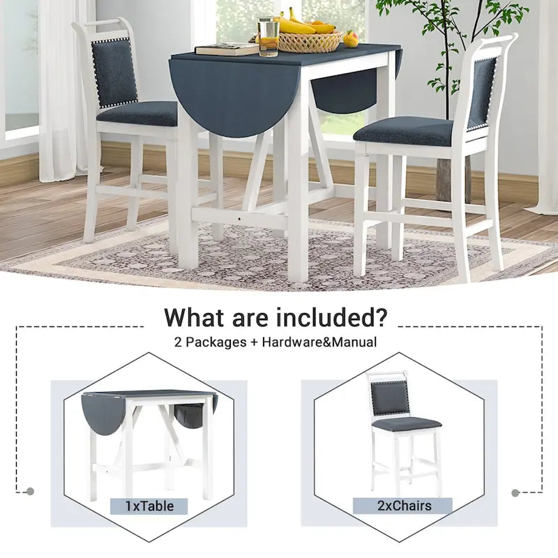 White Drop Leaf Dining Set for 2 with Gray Cushioned Chairs