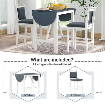 White Drop Leaf Dining Set for 2 with Gray Cushioned Chairs