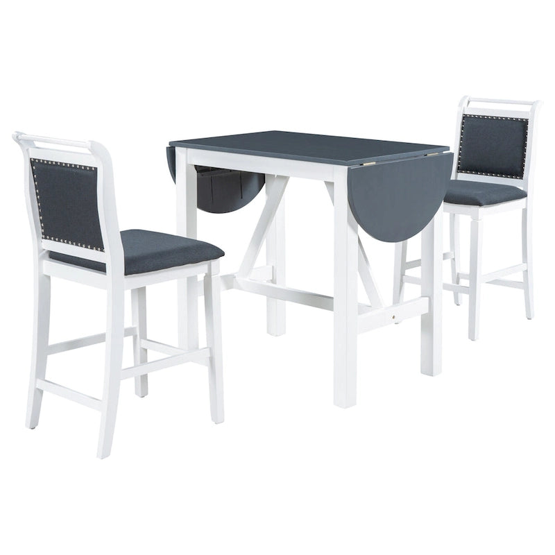 White Drop Leaf Dining Set for 2 with Gray Cushioned Chairs