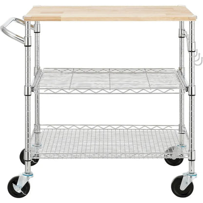 Tier Oak Wood Kitchen Cart with Wheels Slider Shelf and Hooks for Microwave Coffee Storage in Dining Room