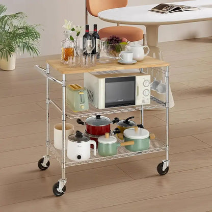 Tier Oak Wood Kitchen Cart with Wheels Slider Shelf and Hooks for Microwave Coffee Storage in Dining Room
