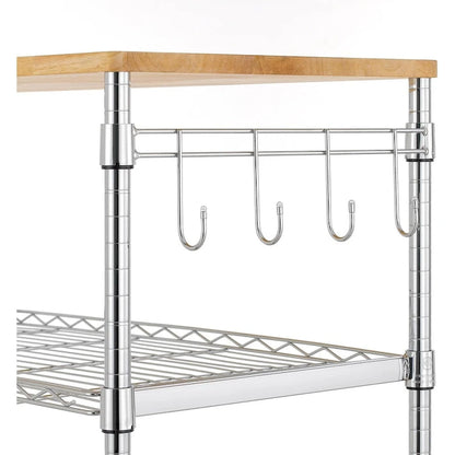 Tier Oak Wood Kitchen Cart with Wheels Slider Shelf and Hooks for Microwave Coffee Storage in Dining Room
