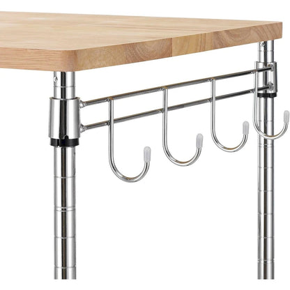 Tier Oak Wood Kitchen Cart with Wheels Slider Shelf and Hooks for Microwave Coffee Storage in Dining Room