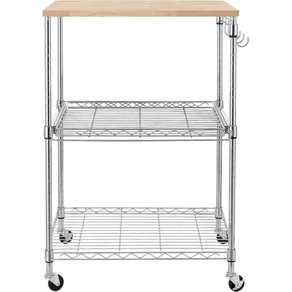 Tier Oak Wood Kitchen Cart with Wheels Slider Shelf and Hooks for Microwave Coffee Storage in Dining Room