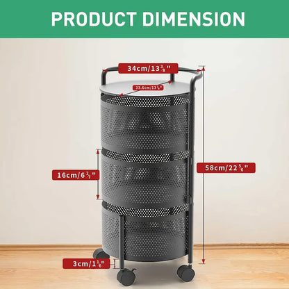 Multi-Tier Rotating Storage Basket with Wheels for Vegetables Fruits Groceries in Kitchen Household Organizer