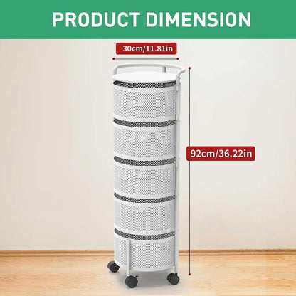 Multi-Tier Rotating Storage Basket with Wheels for Vegetables Fruits Groceries in Kitchen Household Organizer