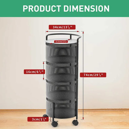 Multi-Tier Rotating Storage Basket with Wheels for Vegetables Fruits Groceries in Kitchen Household Organizer