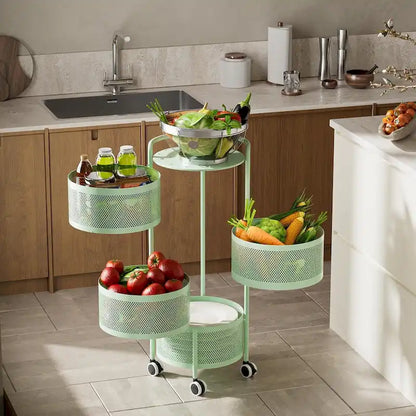 Multi-Tier Rotating Storage Basket with Wheels for Vegetables Fruits Groceries in Kitchen Household Organizer