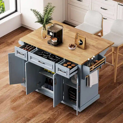 Rolling Kitchen Island with Drop Leaf, Kitchen Island Cart on Wheels, Moveable Island Table with 4 Doors Cabinet & 3 Drawers