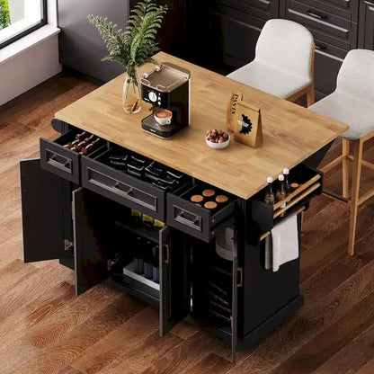 Rolling Kitchen Island with Drop Leaf, Kitchen Island Cart on Wheels, Moveable Island Table with 4 Doors Cabinet & 3 Drawers