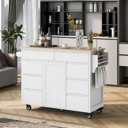 Kitchen Island with Wooden Top, Mobile Island on Locking Wheels, Rolling Cart with Flatware Organizer & 8 Handle-Free Drawers