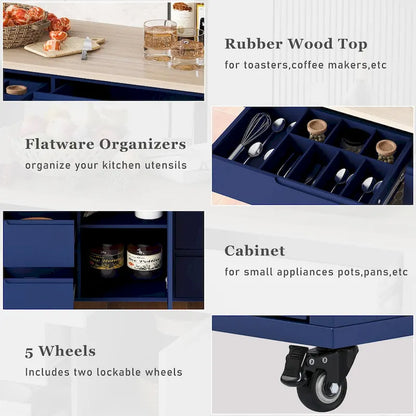 Kitchen Island with Wooden Top, Mobile Island on Locking Wheels, Rolling Cart with Flatware Organizer & 8 Handle-Free Drawers