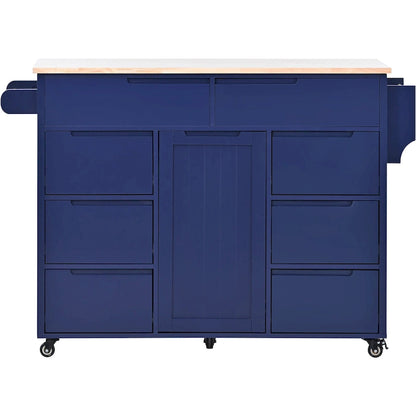 Kitchen Island with Wooden Top, Mobile Island on Locking Wheels, Rolling Cart with Flatware Organizer & 8 Handle-Free Drawers