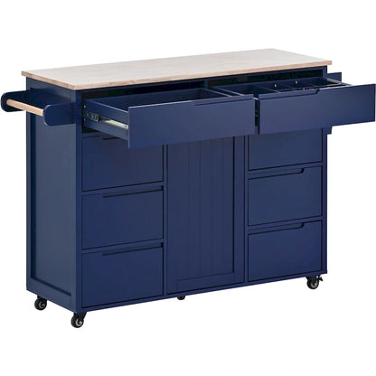 Kitchen Island with Wooden Top, Mobile Island on Locking Wheels, Rolling Cart with Flatware Organizer & 8 Handle-Free Drawers