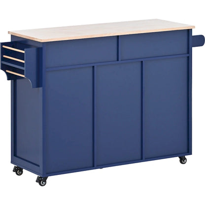 Kitchen Island with Wooden Top, Mobile Island on Locking Wheels, Rolling Cart with Flatware Organizer & 8 Handle-Free Drawers
