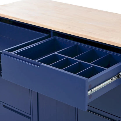 Kitchen Island with Wooden Top, Mobile Island on Locking Wheels, Rolling Cart with Flatware Organizer & 8 Handle-Free Drawers