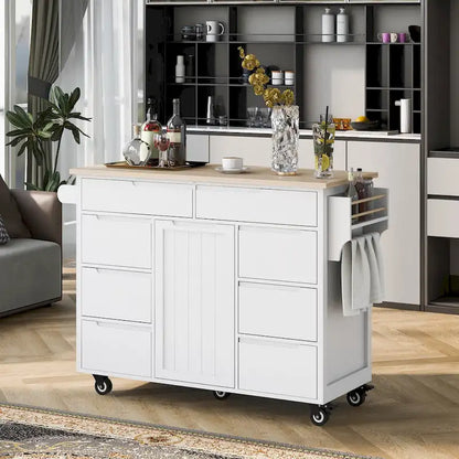 Kitchen Island with Wooden Top, Mobile Island on Locking Wheels, Rolling Cart with Flatware Organizer & 8 Handle-Free Drawers