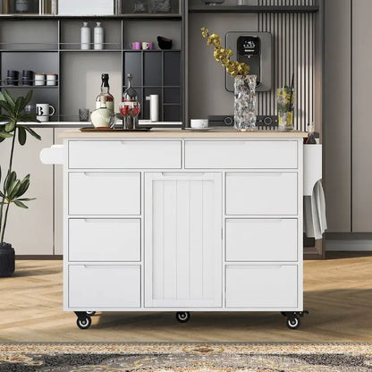 Kitchen Island with Wooden Top, Mobile Island on Locking Wheels, Rolling Cart with Flatware Organizer & 8 Handle-Free Drawers