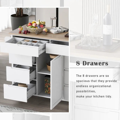 Kitchen Island with Wooden Top, Mobile Island on Locking Wheels, Rolling Cart with Flatware Organizer & 8 Handle-Free Drawers