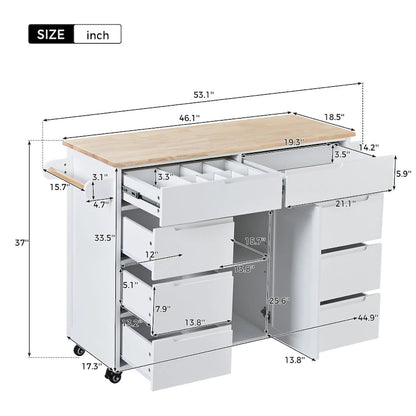 Kitchen Island with Wooden Top, Mobile Island on Locking Wheels, Rolling Cart with Flatware Organizer & 8 Handle-Free Drawers