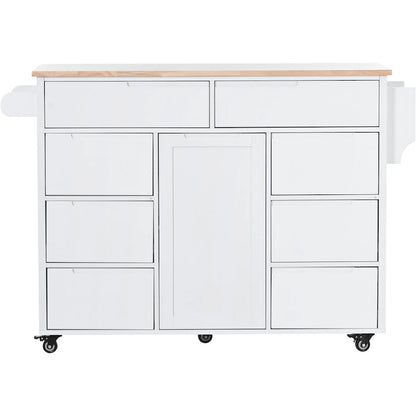 Kitchen Island with Wooden Top, Mobile Island on Locking Wheels, Rolling Cart with Flatware Organizer & 8 Handle-Free Drawers